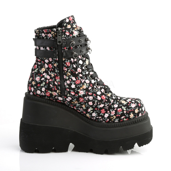 Wedge Platform Lace Up Gothic Floral Ankle Boots - Picture 5 of 5